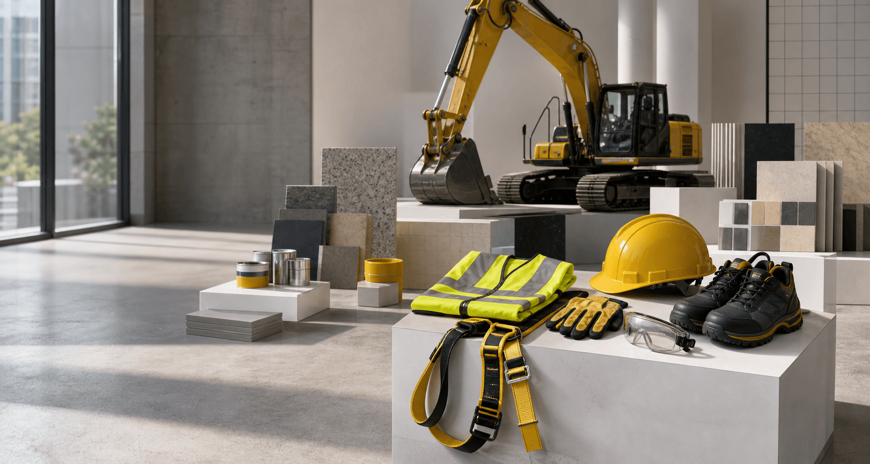 Amikus Group Rwanda construction supply studio with PPE, equipment, and finishing materials